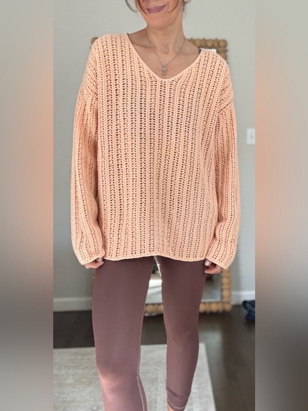 Moda International Peach Open-Knit V-Neck Sweater
